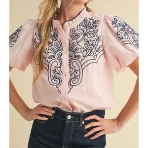 &MERCI Buton-Up TWILL Pink w/Blue Floral Embroidered PUFF SLEEVES Blouse/Top L